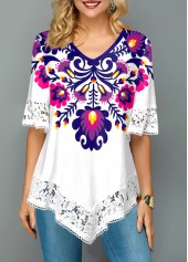 V Neck Lace Stitching Flower Print T Shirt
