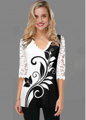 V Neck White Lace Panel T Shirt