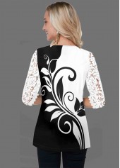 V Neck White Lace Panel T Shirt