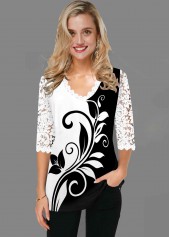 V Neck White Lace Panel T Shirt