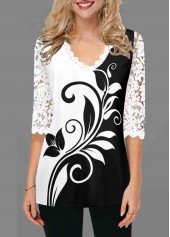 V Neck White Lace Panel T Shirt