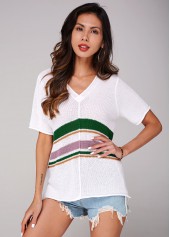 V Neck Short Sleeve Contrast Sweater