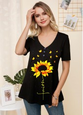 V Neck Sunflower Print Short Sleeve T Shirt