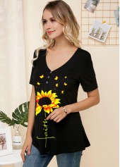 V Neck Sunflower Print Short Sleeve T Shirt