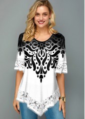 Printed Asymmetric Hem Lace Trim T Shirt