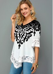 Printed Asymmetric Hem Lace Trim T Shirt