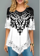 Printed Asymmetric Hem Lace Trim T Shirt