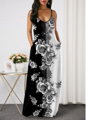Side Pocket Printed Spaghetti Strap Maxi Dress