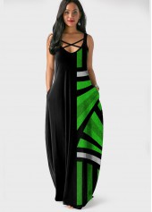 Spaghetti Strap Geometric Print Side Pocket Maxi Dress