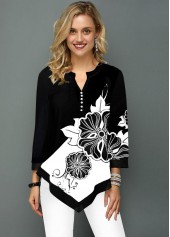 Three Quarter Sleeve Color Block Buckle Detail Blouse