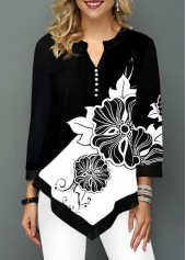 Three Quarter Sleeve Color Block Buckle Detail Blouse