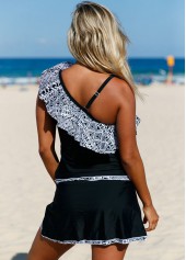 Ruffle Hem Printed Skew Neck Tankini Set
