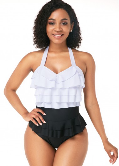 Rosewe Color Block Halter Layered One Piece Swimwear - S
