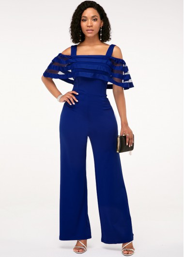 Women&apos;S Royal Blue Wedding Gust  Dress Overlay Strappy Cold Shoulder Wide Leg Formal Zipper Back Jumpsuit By Rosewe - XL