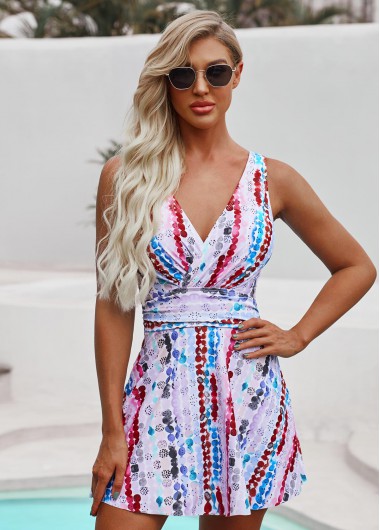 Rosewe Wide Strap Tie Back Printed Swimdress and Shorts - 16