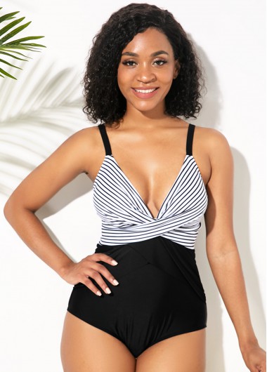 Women&apos;S Black Spaghetti Strap One Piece Padded Wire Free Swimwear Bathing Suit V Neck Striped Swimsuit By Rosewe - 12