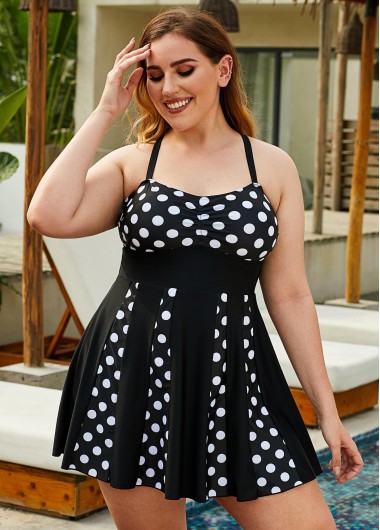 Rosewe Women Black Plus Size Polka Dot Printed Swimdress Bathing Suit And Shorts Two Piece Cross Strap Padded Wire Free Swimsuit - 2X