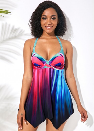 Rosewe Women Rainbow Tie Dye Underwire Swimdress Bathing Suit Two Piece Wide Strap Asymmetric Hem Halter Neck Swimsuit And Shorts - 8
