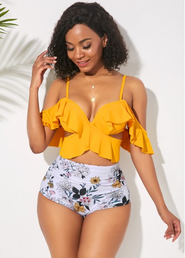 Rosewe Women Yellow Ruffle Overlay High Waisted Cute Bikini Swimsuit Strappy Two Piece Underwire Padded Bathing Suit - 18