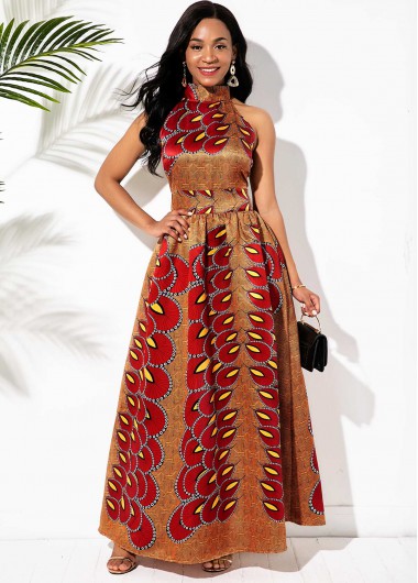 Rosewe Wedding Guest Dress Bib Neck Bohemian Print Bowknot Back Maxi Dress - XS
