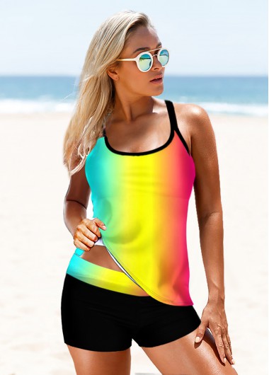 Rosewe Women Rainbow Tie Dye Two Piece Tankini Swimsuit And Shorts Multi Color Cross Strap Padded Wire Free Bathing Suit - L