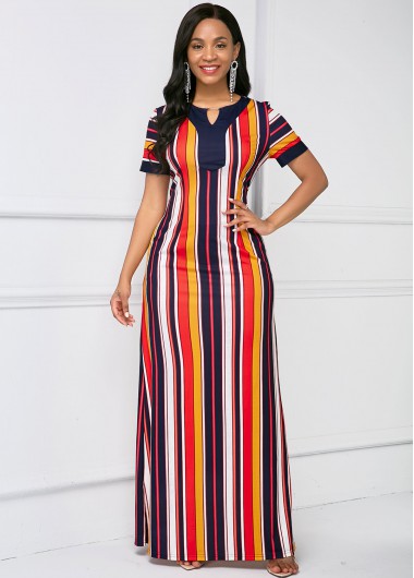 Rosewe Women Multi Color Stripe Printed Maxi Work Dress Short Sleeve Keyhole Neckline Elegant Dress - XXL