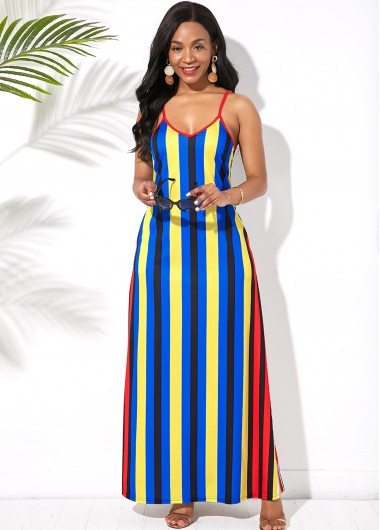 Rosewe Women Multi Stripe Spaghetti Strap Maxi Vacation Dress With Side Pockets Sleeveless Printed Straight Casual Dress - S
