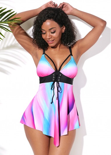 Rosewe Women Rainbow Two Piece Swimdress And Panty Multi Color V Neck Spaghetti Strap Lace Up Padded Wire Free Swimsuit - M