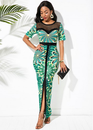 Rosewe Women Green Illusion Front Slit Sheath Maxi Evening Party Dress Short Sleeve Floral Printed Elegant Work Dress - XL