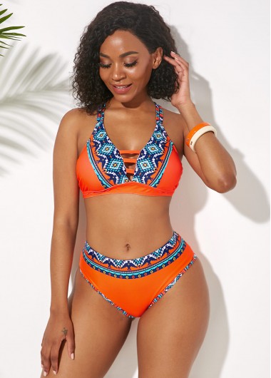 Rosewe Cross Strap Tribal Print Orange Bikini Set - XXL