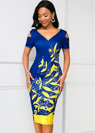 Rosewe Women Blue Cold Shoulder Sheath Cocktail Party Dress V Neck Short Sleeve Midi Printed Elegant Dress - XXL