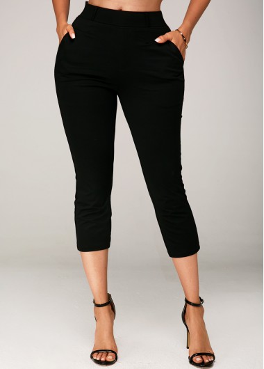 Black Side Pocket Elastic Waist Crop Pants