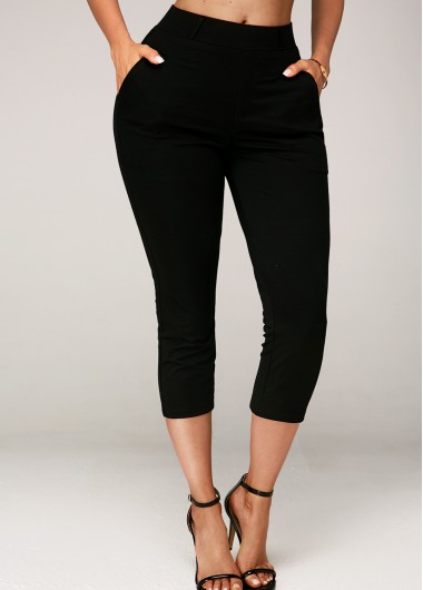 Black Side Pocket Elastic Waist Crop Pants | Rosewe.com - USD $25.41