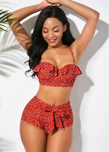 Rosewe Women Red Polka Dot Printed High Waisted Underwire Two Piece Cute Bikini Swimsuit Two Piece Padded Halter Neck Bathing Suit - M