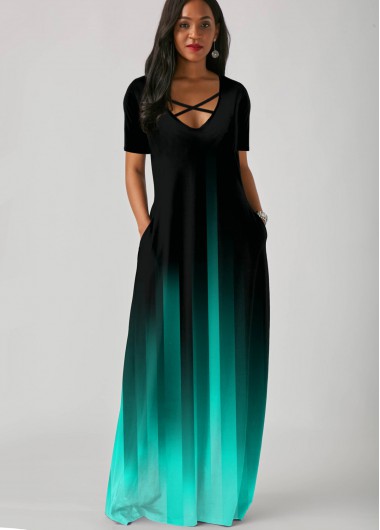 Rosewe Women Mint Green Ombre Dip Dye Tent Maxi Casual Dress With Side Pockets Short Sleeve Straight Elegant Vacation Dress - S