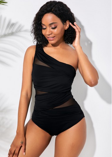 Rosewe Women Tummy Control Swimsuit Black Sheer Mesh One Shoulder One Piece Swimwear - L