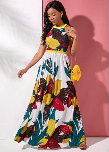 Rosewe Cocktail Party Dress Sleeveless Maxi Large Floral Print Dress - XS