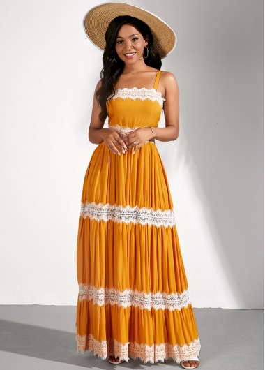 Rosewe Women Yellow Spaghetti Strap Lace Stitching Vacation Dress Sleeveless Open Back Maxi A Line Casual Dress - M