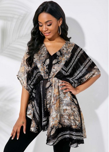 Rosewe V Neck Tribal Print Asymmetric Hem Multi Color Blouse - XS
