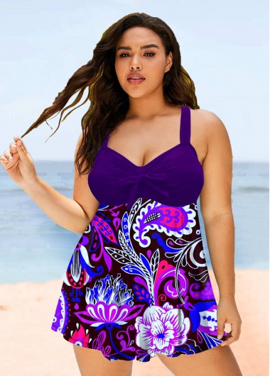 Rosewe Paisley Print Bowknot Plus Size Swimdress Top - 2X