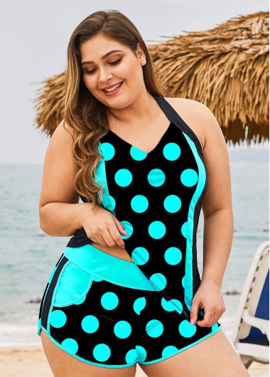 Rosewe Women Black And Blue Plus Size Polka Dot Printed Tankini Swimsuit With Pockets Padded Wire Free Two Piece Bathing Suit - 1X