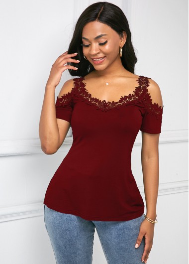 Rosewe Wine Red Cold Shoulder Lace Trim Soft T Shirt - S