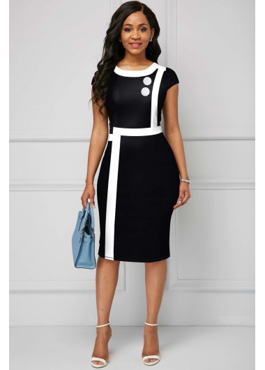 Rosewe Women Black Short Sleeve Contrast Piping Sheath Work Dress Knee Length Round Neck Elegant Dress - XXL