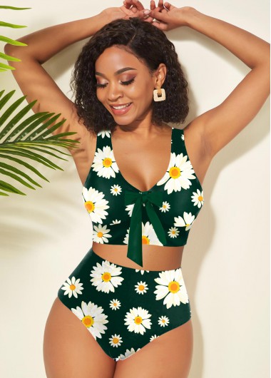Rosewe Women Green Daisy Printed High Waisted Padded Wire Free Bikini Swimsuit Two Piece Bowknot Bathing Suit - S