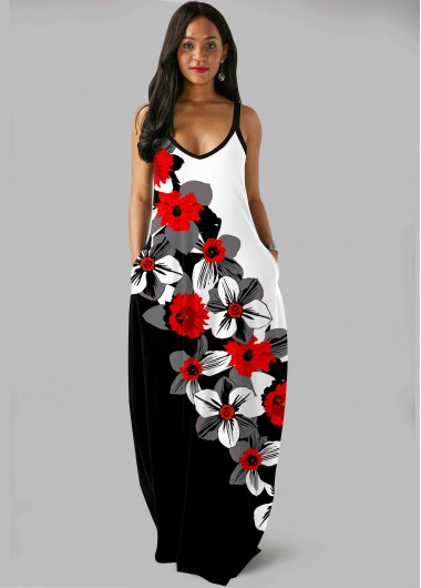 Rosewe Women Black And White Floral Printed Sleeveless Bohemian Maxi Casual Dress With Side Pockets Color Block Strappy Straight Tunic Dress - M