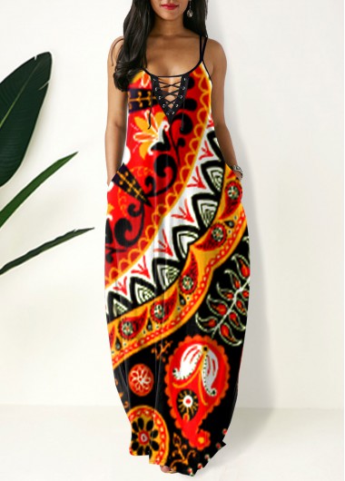 Rosewe Cocktail Party Dress Side Pocket Tribal Print Spaghetti Strap Maxi Dress - XL