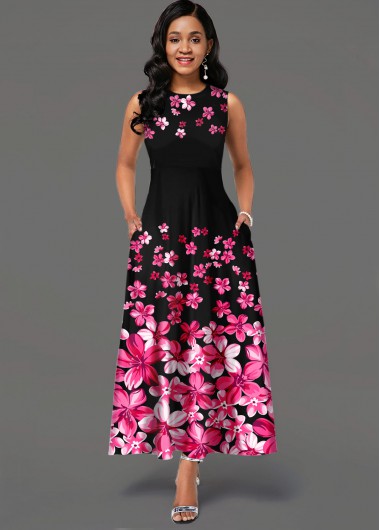 Rosewe Cocktail Party Dress Side Pocket Sleeveless Floral Print Maxi Dress - S