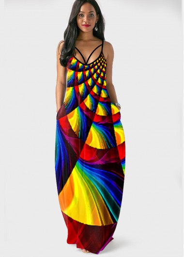 Rosewe Cocktail Party Dress Rainbow Color Geometric Print Side Pocket Maxi Dress - S
