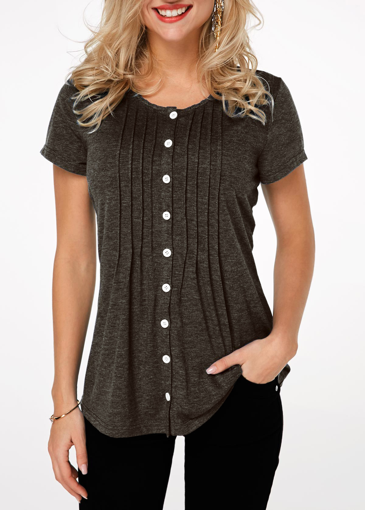 Pleated Short Sleeve Button Up T Shirt