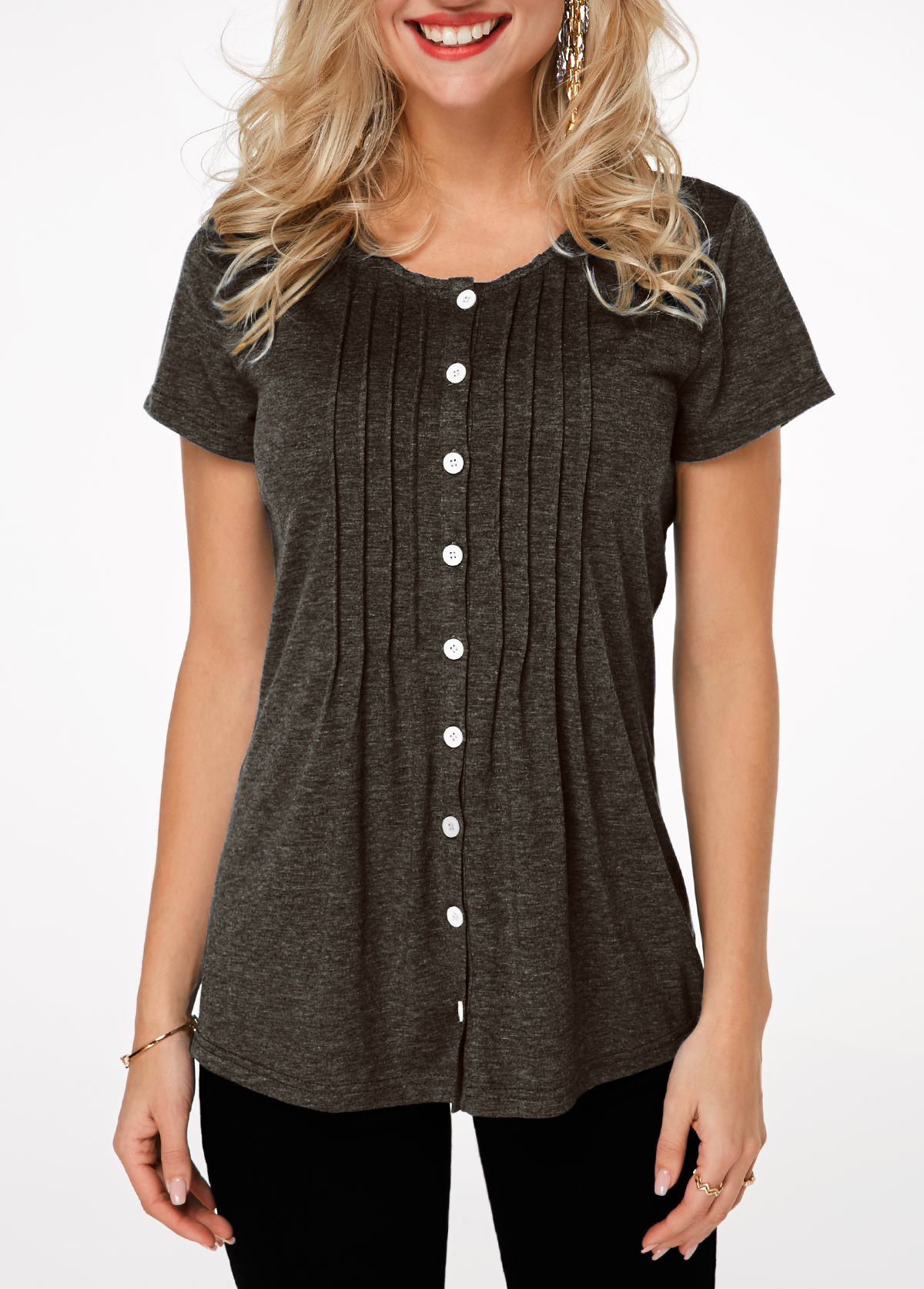 Pleated Short Sleeve Button Up T Shirt